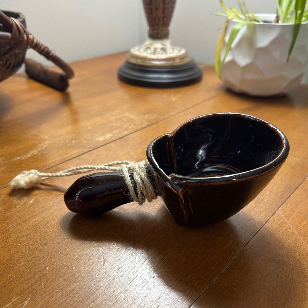 Brown Glazed Ceramic Scoop with Twine Wrapped Handle Farmhouse